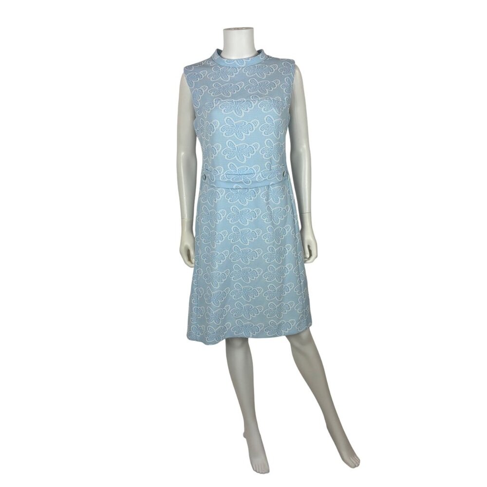 Vintage 60s Sheath Dress Womens Small Ice Blue Patterned Polyester Knee Length